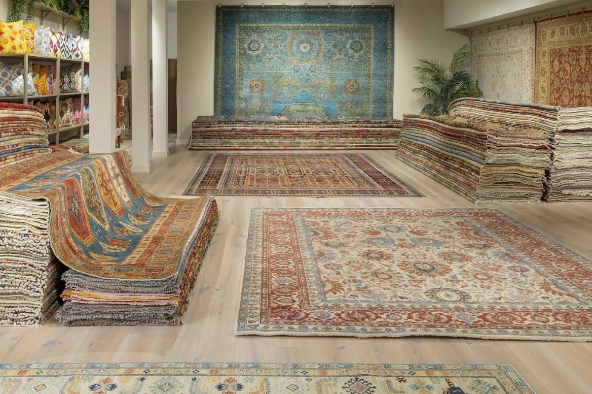 Handmade rugs displayed in the Rugs of Petworth showroom in Petworth, West Sussex