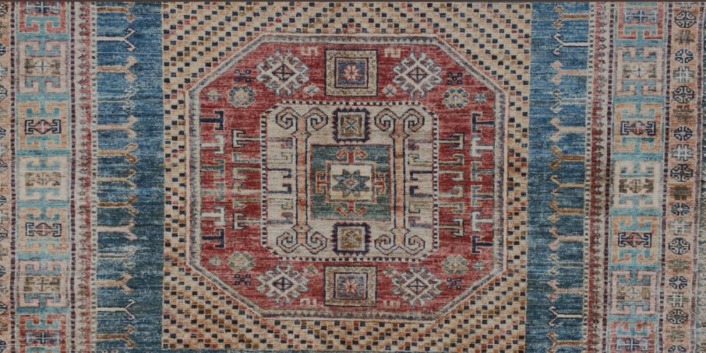 detail of hand-knotted Ghazni Kazak Rug showing wool pile