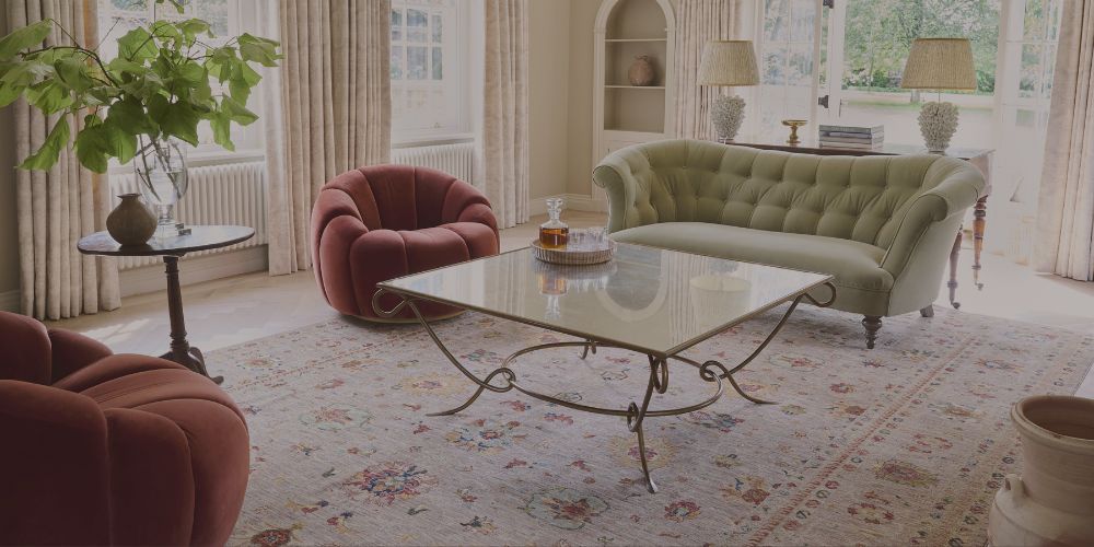 Large handmade rug beneath sofa, armchairs and coffee table anchoring furniture in a bright traditional living room